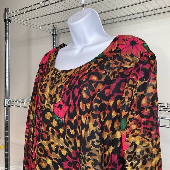 Diane Freis Mixed Cheetah Floral Print 100% Silk Midi Dress Size 12 Statement - Picture 9 of 10